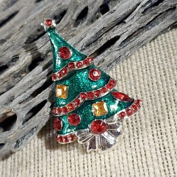 90s Y2K Vtg Christmas Tree Red Green Silver Rhinestone Enamel Sweater Pin Brooch - Picture 1 of 5